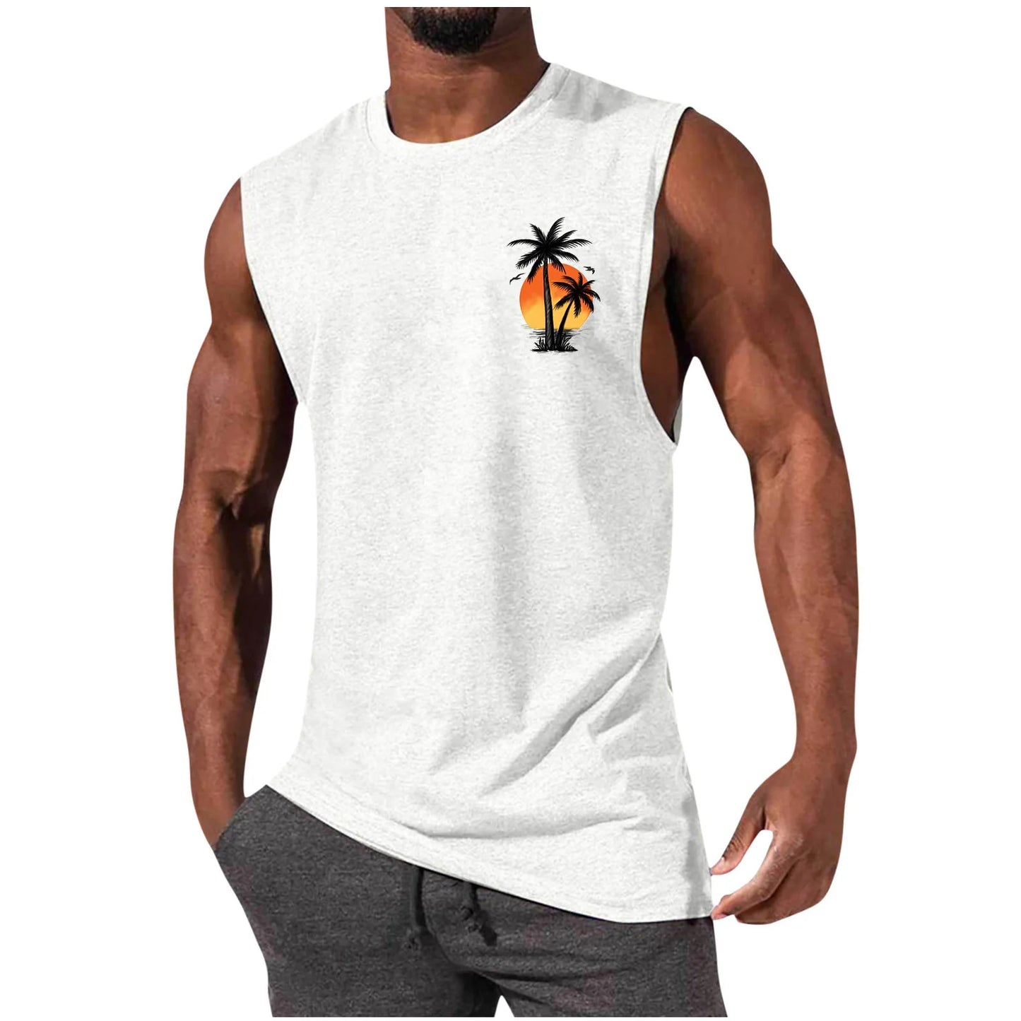 2025 Men's Hawaiian Beach Shirt Tropical Sunset Print Sleeveless Tank Top Palm Tree Vacation Swim Shirt Quick Dry Resort Wear