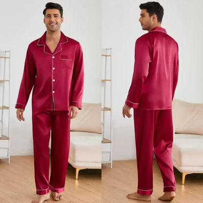Men Sleepwear Satin Pajama Sets Long Sleeve Tops with Trousers Pajama Pj Sets Soft and Comfortable Autumn Pajamas Loungewear Set