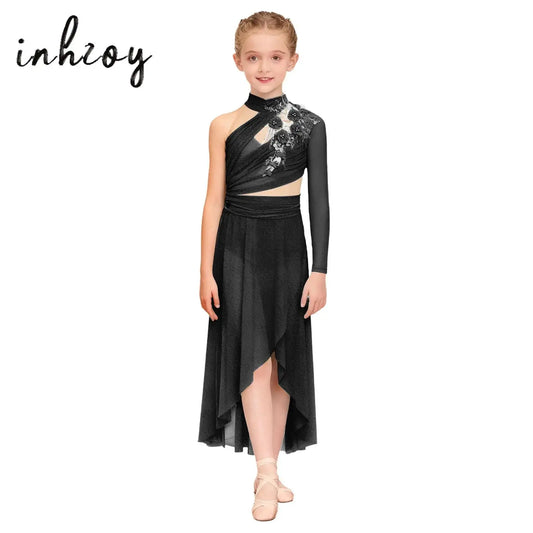 Kids Girls Modern Lyrical Dance Dresses Delicate Applique Keyhole Back Side Split Irregular Hem Asymmetrical Ruched Mesh Dress
