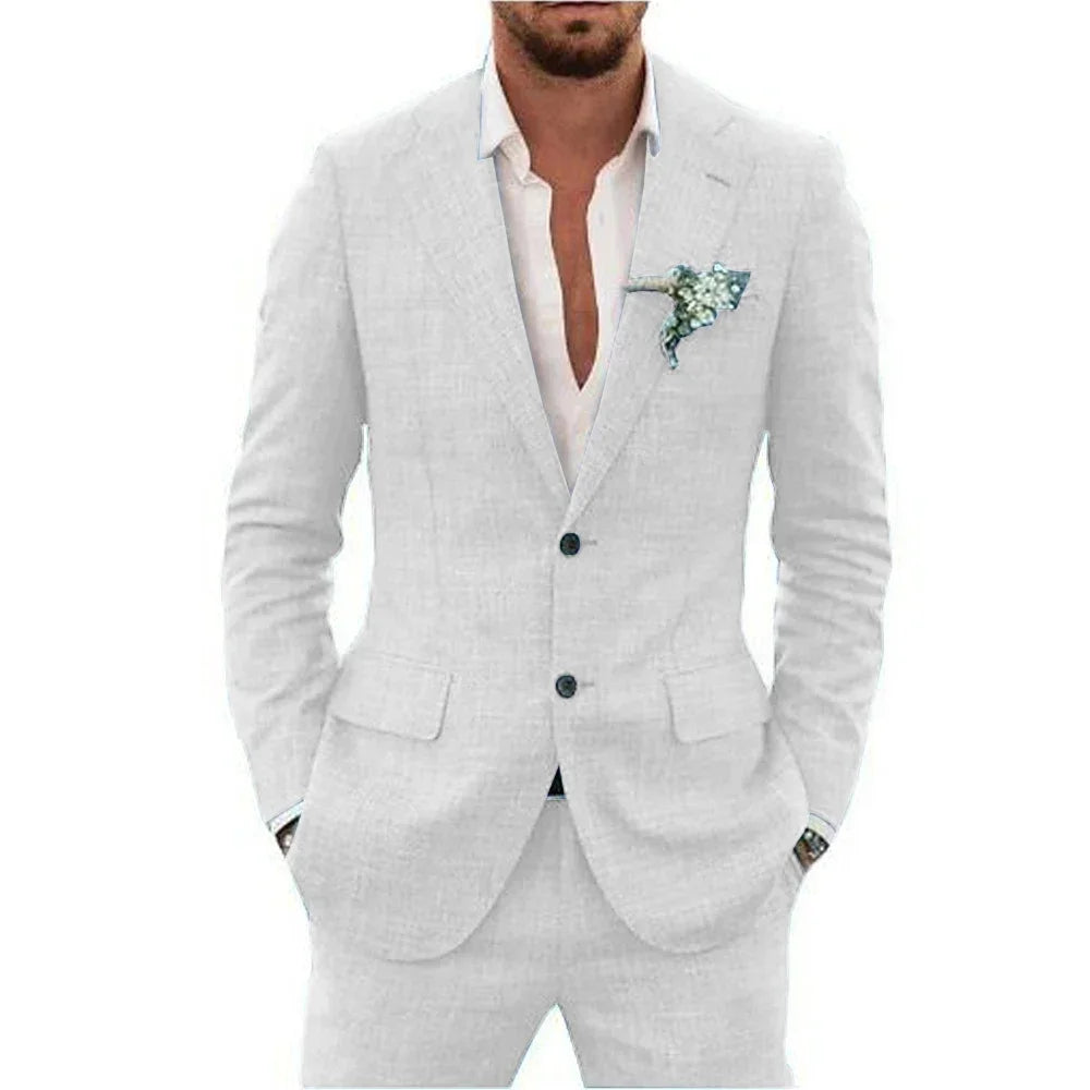 High Quality Linen Suits for Men Two Piece Formal Notch Lapel Single Breasted Male Suit Beach Casual Elegant Wedding Tuxedo