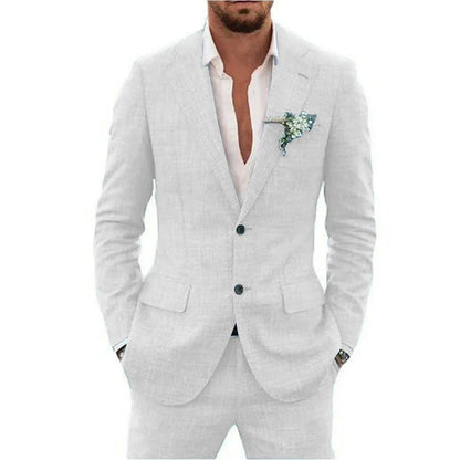 High Quality Linen Suits for Men Two Piece Formal Notch Lapel Single Breasted Male Suit Beach Casual Elegant Wedding Tuxedo