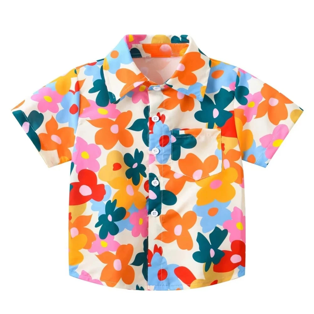 Girl Blouse Fashion Pink Flower Printed Children Top Lapel Short Sleeve Girl Clothes from 5 to 6 Years Top Shirts for Children