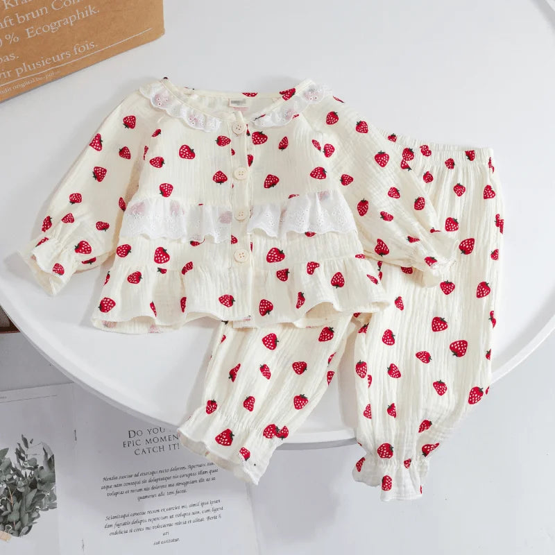 Baby Girl Cotton Sleepwear Infant Toddler Lace Strawberry Print Pajamas Set Homesuit Spring Autumn Nightwear Baby Clothes 1-7Y