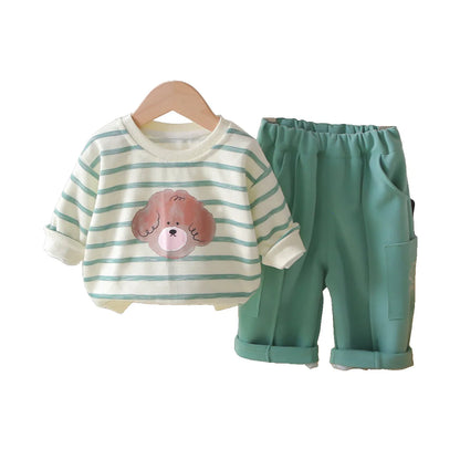 1-5Y Baby Girls Clothes Cute Casual New Style Outfit Kids Boys Clothing Cotton Puppy Print Striped Sweatshirt Tops and Pants Set
