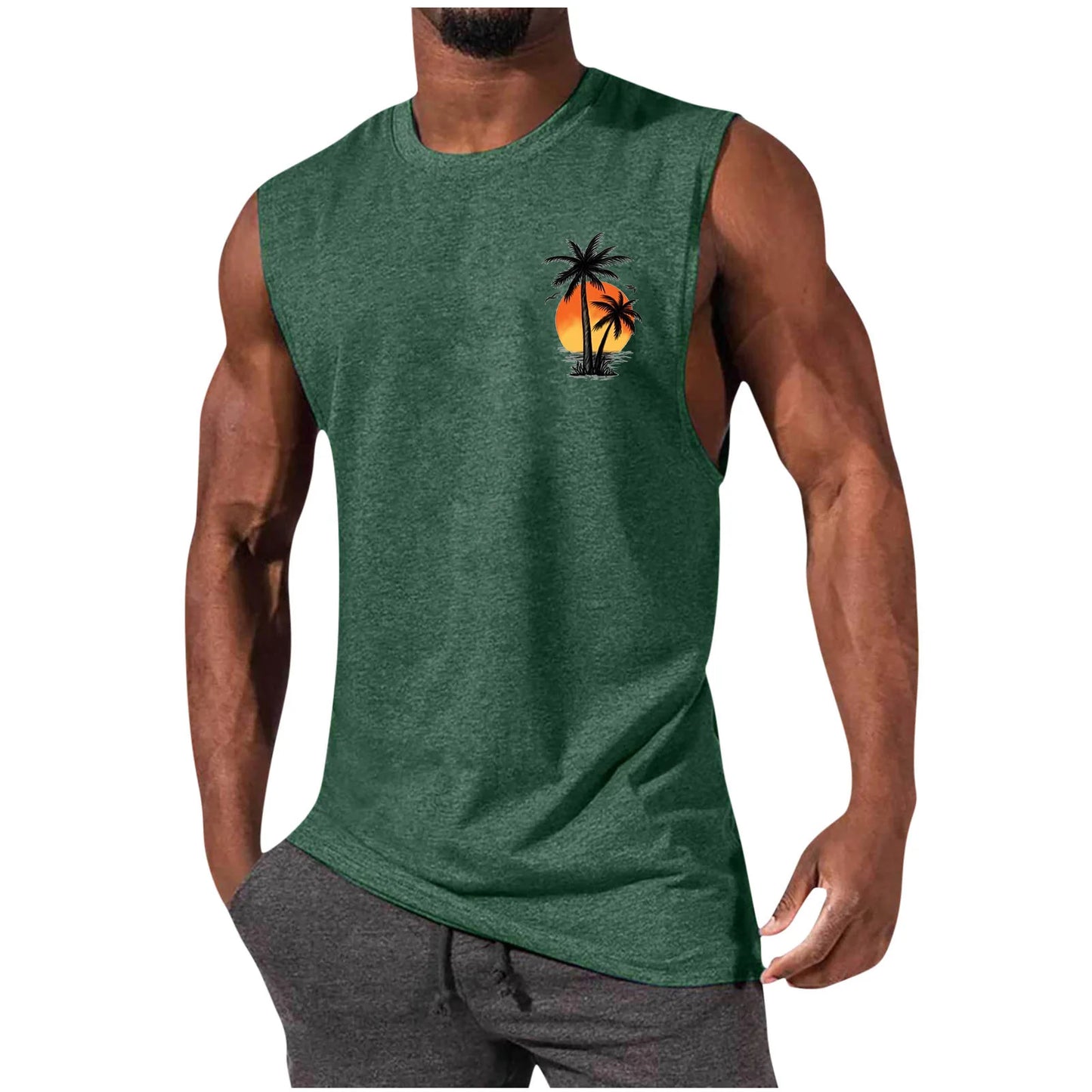 2025 Men's Hawaiian Beach Shirt Tropical Sunset Print Sleeveless Tank Top Palm Tree Vacation Swim Shirt Quick Dry Resort Wear