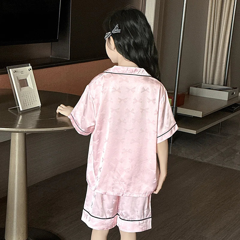 Girls Pajamas Set Soft Silk Satin 2-Piece PJs Sleepwear Kids Short Sleeve Short Pants Princess Button Down Outfit Set Size 3-13Y