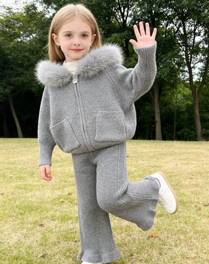 Girls Suit 2025 Autumn and Winter New Childrens Clothes Girls Baby Fashion Wool Collar Hooded Sweater Pants Two-piece Set Simple