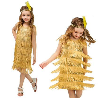 Short Sleeve Dress Girl Girls Flapper Dress Sequins Fringe Latin Dance Dress Tassel Tango Dress Tight Dress for Girl