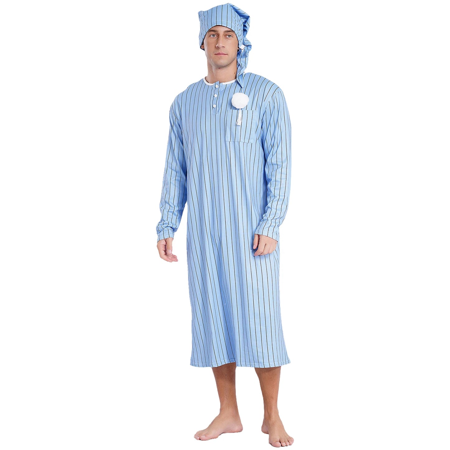 Men Sissy Sleep Robe Nightwear Long Sleeve Striped Night Dress with Adjustable Hat Nightdress Muslim Pajamas Sleepwear Homewear