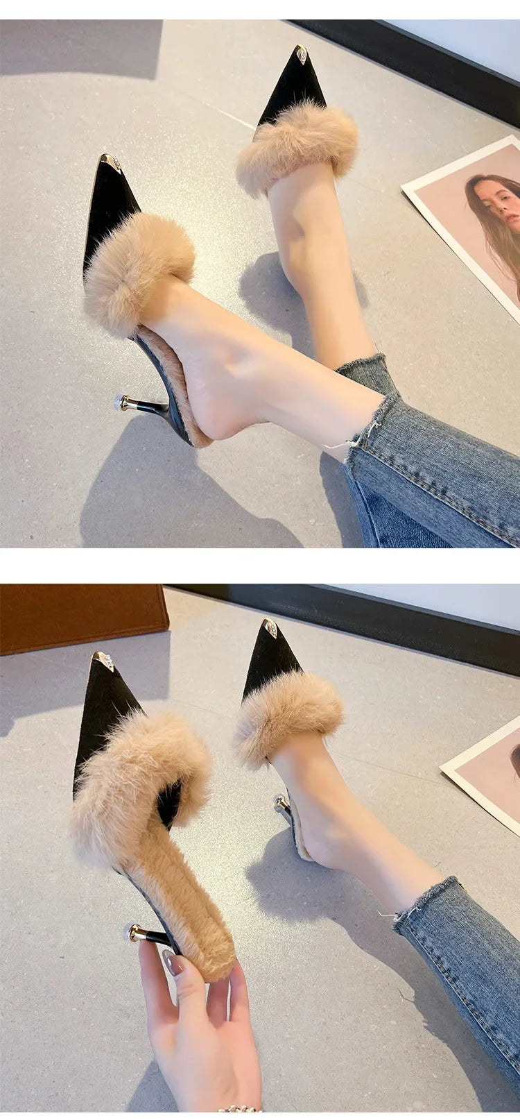 Women High Heel Shoes 2025 Fur Slippers Mules Pointed Toe Furry Slides Fashion Elegant Luxury Designer Flip Flops Office Pumps