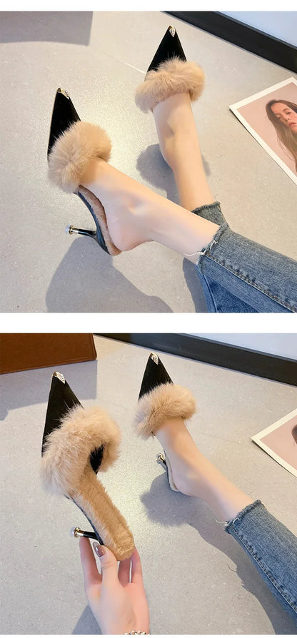 Women High Heel Shoes 2025 Fur Slippers Mules Pointed Toe Furry Slides Fashion Elegant Luxury Designer Flip Flops Office Pumps