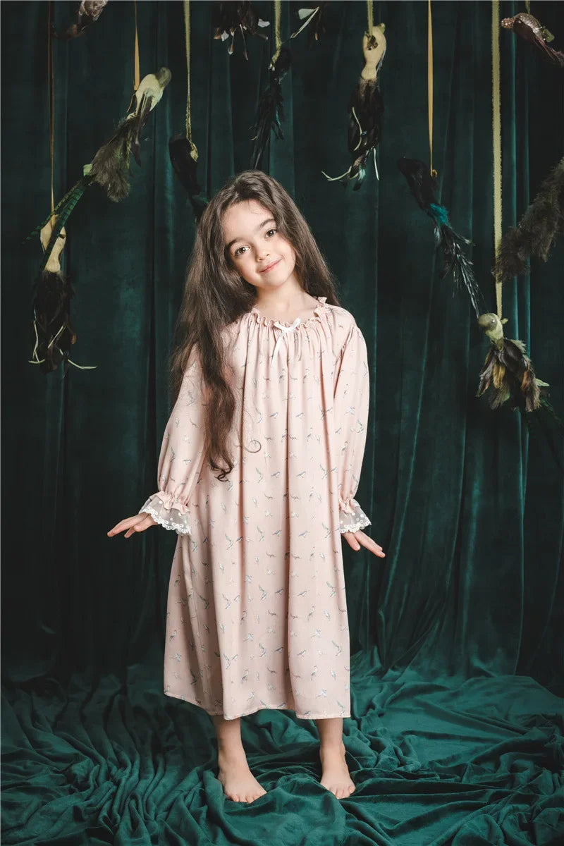 Girls Pajamas Set 2025 Spring And Summer New Blue Lace Lace Children's Home Clothing Cotton Printed Pajamas Children's Clothing