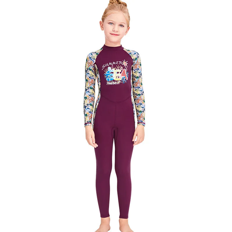 Boys Girls One-Piece Swimsuits Swimwear Long Sleeve Wetsuits Bathing Suit Beachwear Sun Protection(Including Swimming Cap)