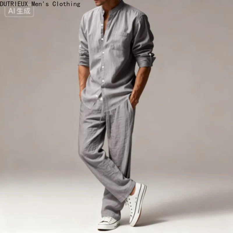 Fall Men's Cotton and Linen Two-piece Set, Oversized Simple Versatile Long-sleeved Shirt + Pants Comfortable Linen Suit for Men