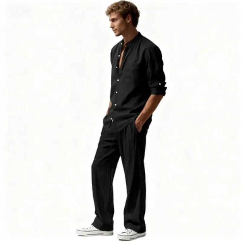 Fall Men's Cotton and Linen Two-piece Set, Oversized Simple Versatile Long-sleeved Shirt + Pants Comfortable Linen Suit for Men