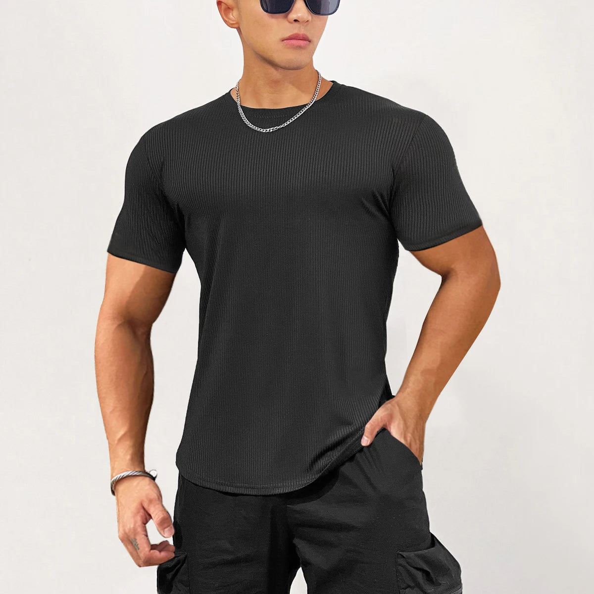 Men's Muscle Shirts Short Sleeve Casual Slim Fit Workout Tshirts Striped Curved Hem Light Weight Elastic
