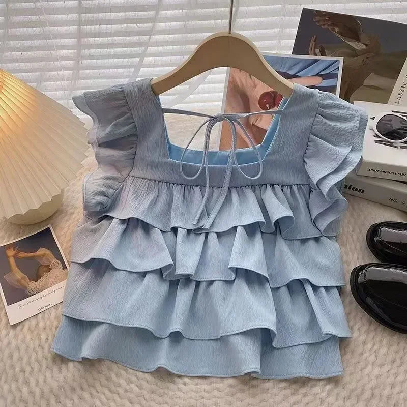 Girls Tops Vest Summer New White Ruffles Sleeveless Short Shirt Teens Kids Clothes 12 13 14 Years Children Beach Hooliday Blouse