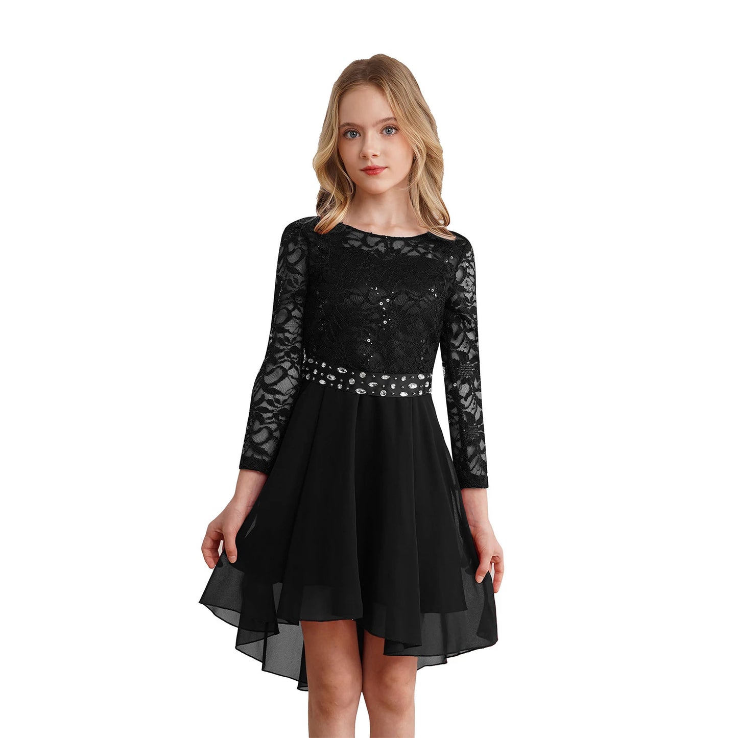 Teen Girls Elegant Scoop Neck Floral Lace Formal Wedding Party Dress Flower Girls Long Sleeve High-Low Chiffon Bridesmaid Dress