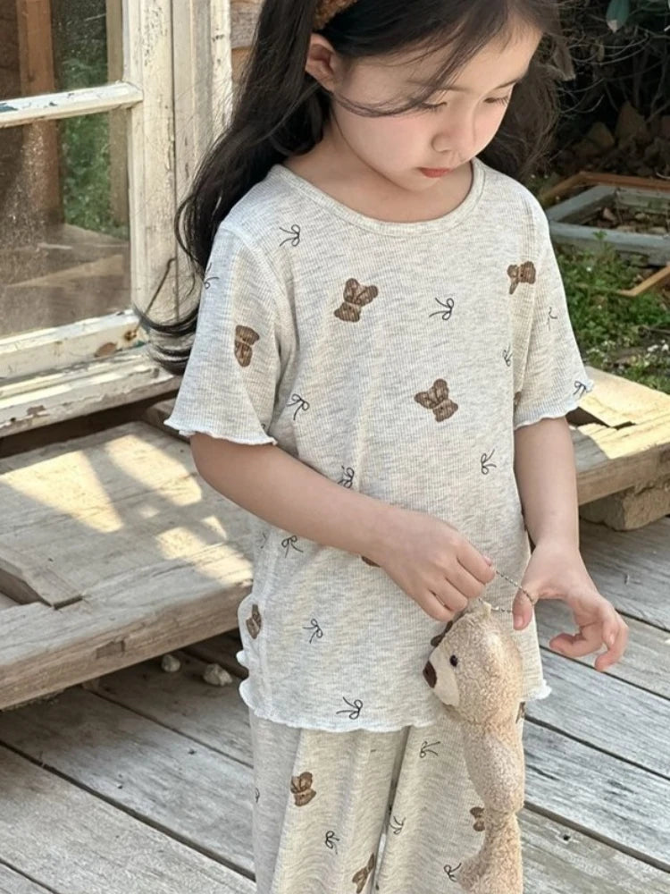 Girls Summer Ice Silk Pajamas Set Short Sleeve Long Pants Sweet Cute Baby Loungewear for Air Conditioning