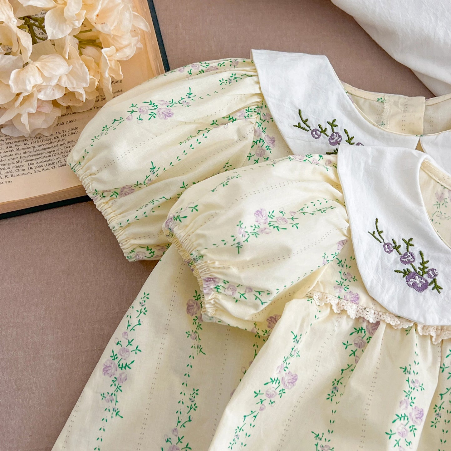 New Girls Clothes 1-6Yrs Baby Girls Dresses Floral Purple Puff Sleeve Dress Summer Dresses Embroidered Collar Boutique Clothes