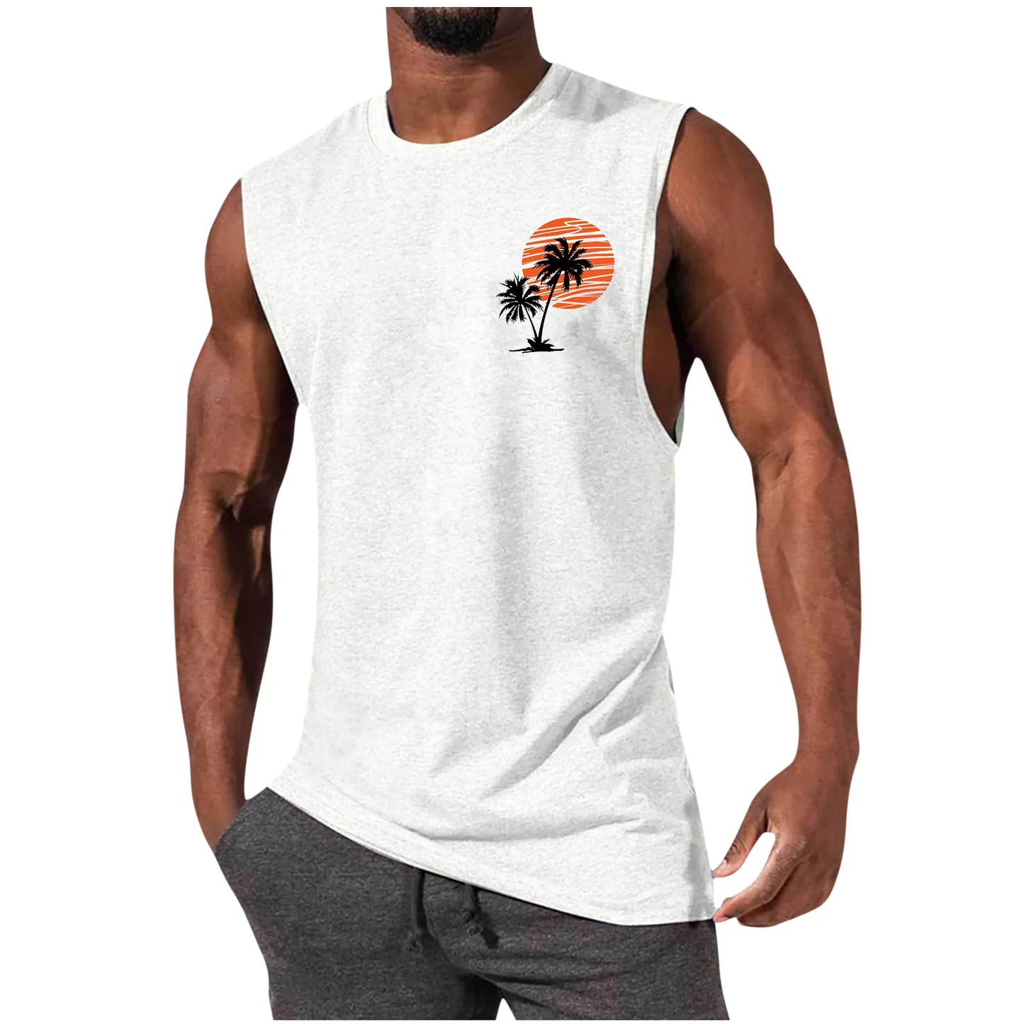 2025 Men's Hawaiian Beach Shirt Tropical Sunset Print Sleeveless Tank Top Palm Tree Vacation Swim Shirt Quick Dry Resort Wear