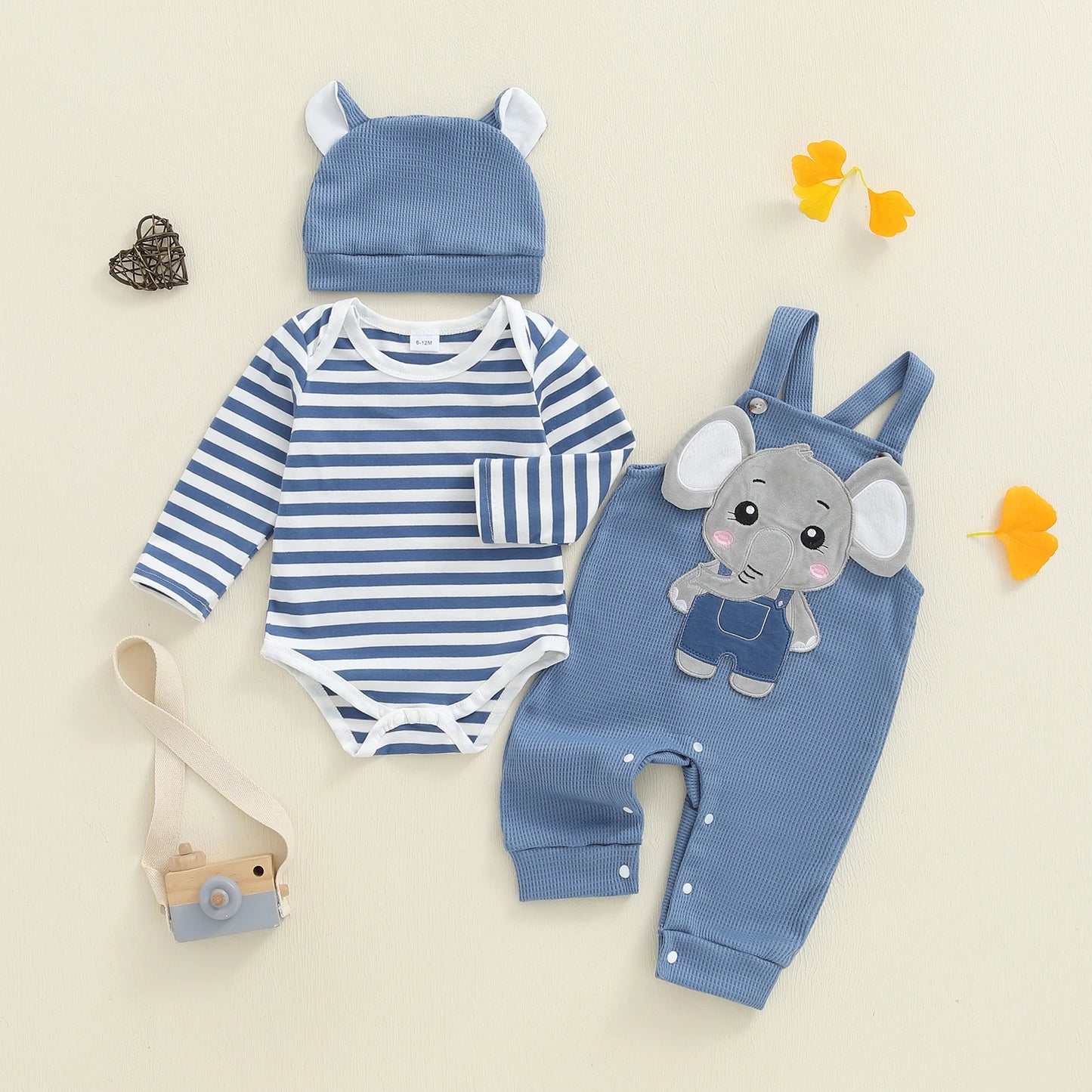 Infant Newborn Baby Boys 3Pcs Outfit Cute Baby Clothes Long Sleeve Striped Romper Animal Embroidery Overalls Hat