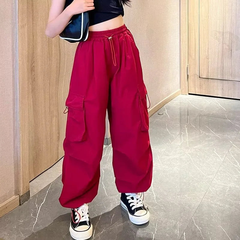 Girls Loose Joggers Pants Teen Casual Straight Trousers Fashion Children Pockets Design Cool Streetwear Big Kids Pants 5-14 Year