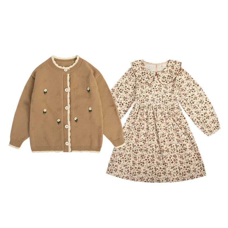 Teen Girls Autumn Outfits Fashion Two-piece Clothes Set Kids Dress with Cadigan Sweater Two Set Children Clothing Suit 4-13 Year