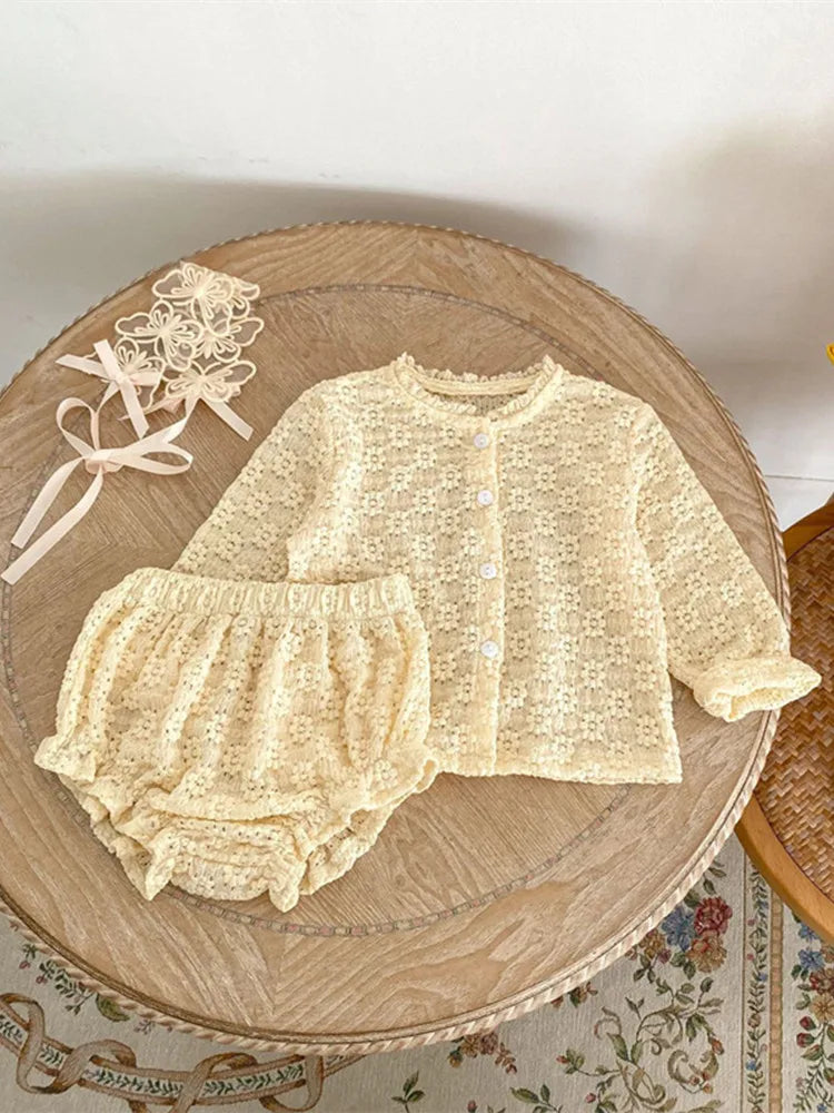 Baby Girls Suit Autumn Clothes Newborn Jacquard Knitted Bloomers Outfit Set Long Sleeve Tops+Shorts 2PC 0-3T