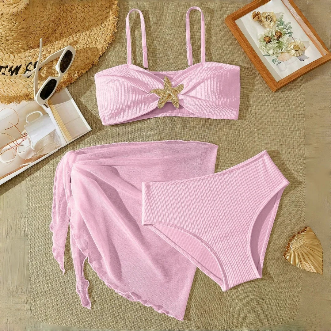 Teen Girl's Swimsuit 3pcs Bikini Set Bathing Suit for Girls 7-16 Years Thin Straps Summer Outfits  Beach Swimwear Soild Color