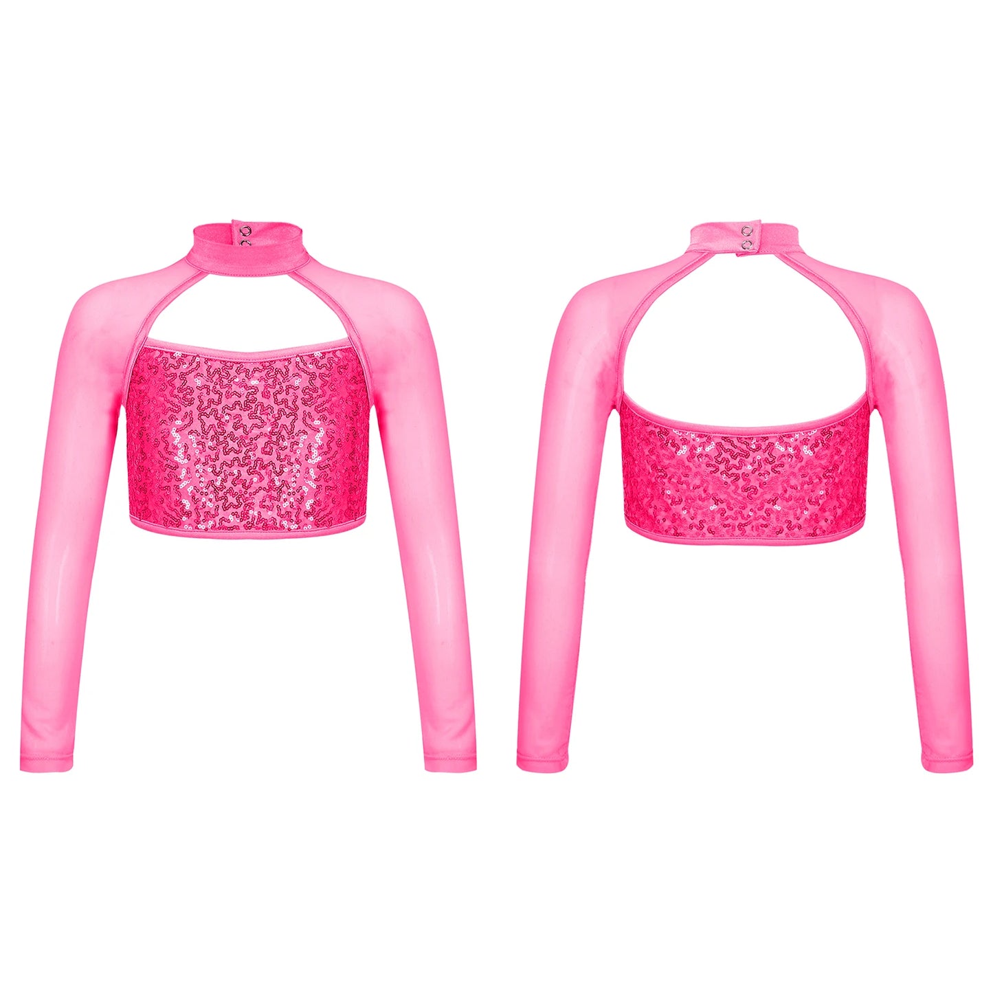 Teen Girls Hip Hop Jazz Street Dance Top Long Sleeve Shiny Sequin Mesh Crop T-shirt Yoga Sportswear Skating Gymnastics Dancewear