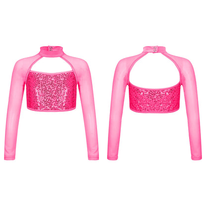Teen Girls Hip Hop Jazz Street Dance Top Long Sleeve Shiny Sequin Mesh Crop T-shirt Yoga Sportswear Skating Gymnastics Dancewear