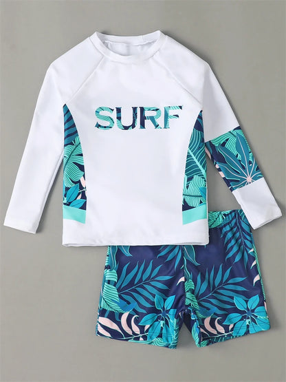 Boy Swimsuit 2026 New Leaves Print Long Sleeve Children Swimwear Summer Two Piece Kids Beach Wear Swimming Bathing Suit Boys Men