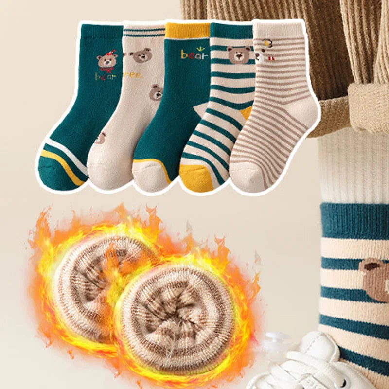 5 pairs of thick socks for girls in winter, medium to large-sized long tube looped socks with fleece added