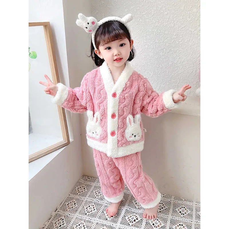 Girls Pajamas Set Autumn and Winter Flannel Children's and Girls' Fleece Thickened Warm Coral Fleece Loungewear Pajama Set