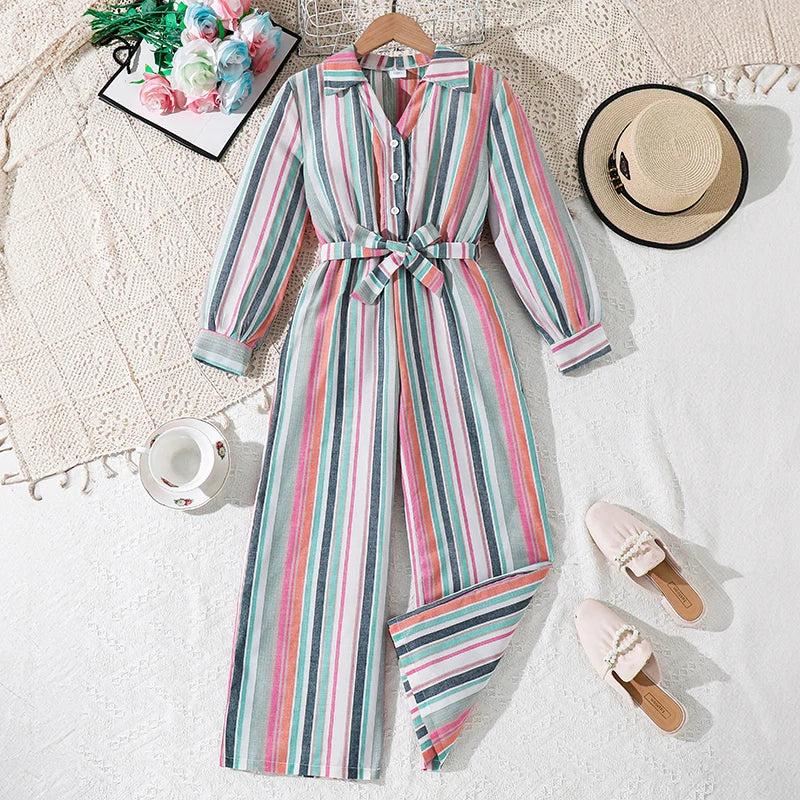 Girls 8-12 fashion jumpsuit, striped shirt-style romper with wide legs, lightweight and stylish for school and outdoor wear