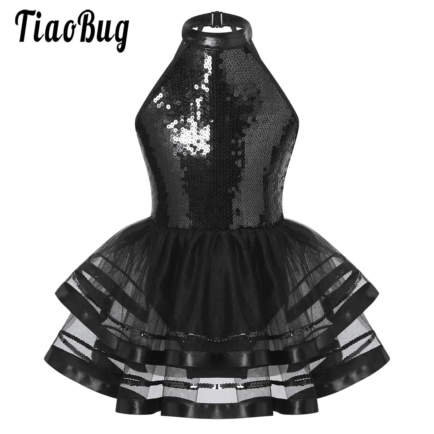 Girls Teens Shiny Sequin Tulle Dress for Ballet Latin Jazz Lyrical Dance Dresses Sleeveless Halter Neck Leotards Tutu Dress