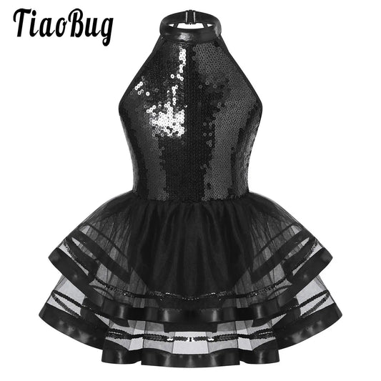Girls Teens Shiny Sequin Tulle Dress for Ballet Latin Jazz Lyrical Dance Dresses Sleeveless Halter Neck Leotards Tutu Dress