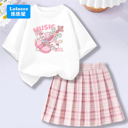 Girls' Trendy School Outfit - Cartoon Music Guitar Rabbit Print Tee + Plaid Skirt Two-Piece Set Teenage Girls Clothes Set