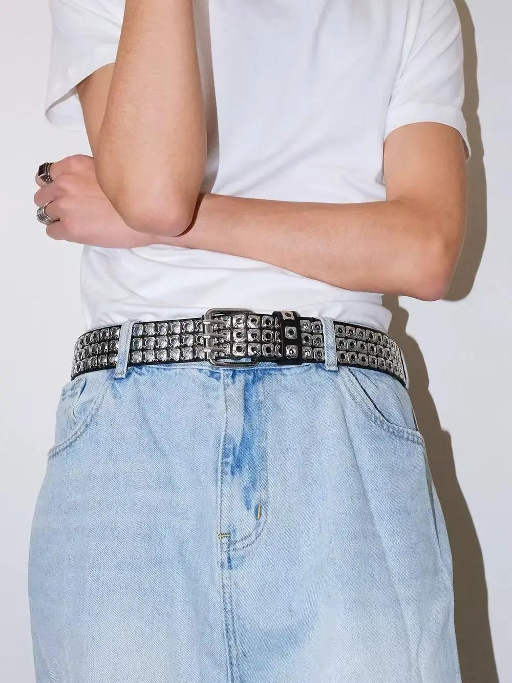 New Women Belt  Fashion Square Beads, Willow Nails, Three Exhaust Eyes, Punk Street Cool, Personalized Men's and Women's Belts
