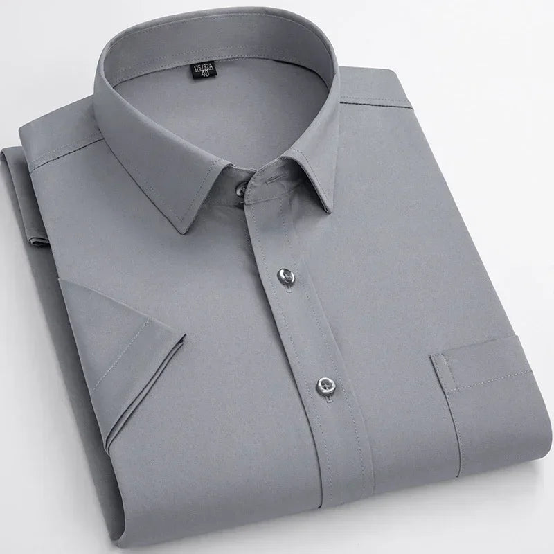 Men’s Business Short Sleeve Shirts Elegant Plain Stretch No Iron Office Formal Dress Shirt Casual Standard Male Workwear Shirt