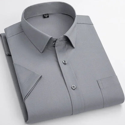Men’s Business Short Sleeve Shirts Elegant Plain Stretch No Iron Office Formal Dress Shirt Casual Standard Male Workwear Shirt