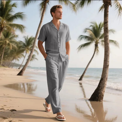 Men's Holiday Suits Summer Short Sleeve Shirts Pant Breathable Linen Beach Casual American Style Shirt Sets Leisure Trip Clothes
