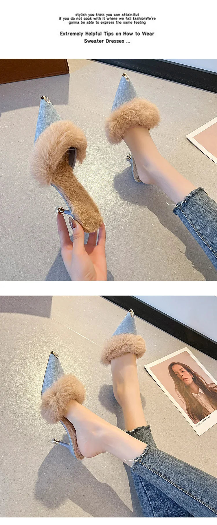 Women High Heel Shoes 2025 Fur Slippers Mules Pointed Toe Furry Slides Fashion Elegant Luxury Designer Flip Flops Office Pumps
