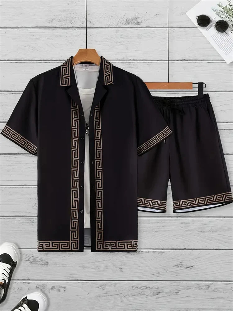2024 New Men's Beach Wear 2-Piece Quick Drying Hawaiian Shirt and Shorts Set Summer Men's Fashion Striped Print Casual Wear