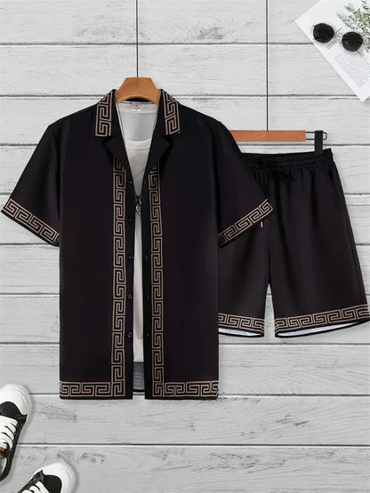 2024 New Men's Beach Wear 2-Piece Quick Drying Hawaiian Shirt and Shorts Set Summer Men's Fashion Striped Print Casual Wear