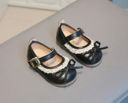 Girls Walking Shoes Sweet Lace Simple Bows 2025 New Baby Princess Shoes Round Toes Kids Leather Shoes Non-slip Soft Sole Flats