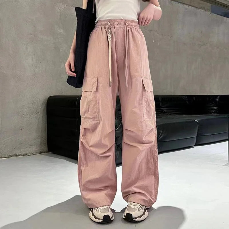 Girls Cargo Pants Autumn Summer Thin Loose-fit Wide-leg Long Trousers New 2025 Trendy Junior High School Students Casual Clothes