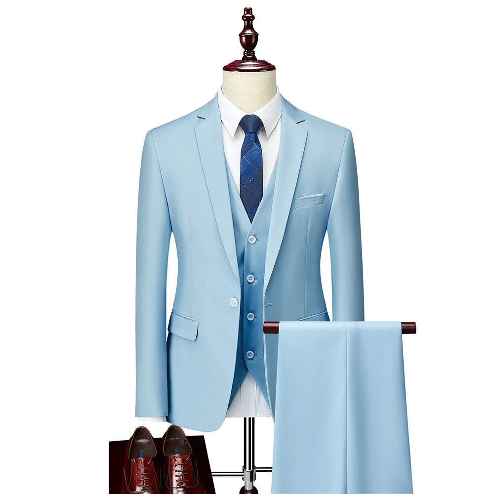 Man Suit Set Simple Solid Color Long Sleeve Male Outfit Single-breasted Slim Business Wedding Versatile Men Three-piece Suits