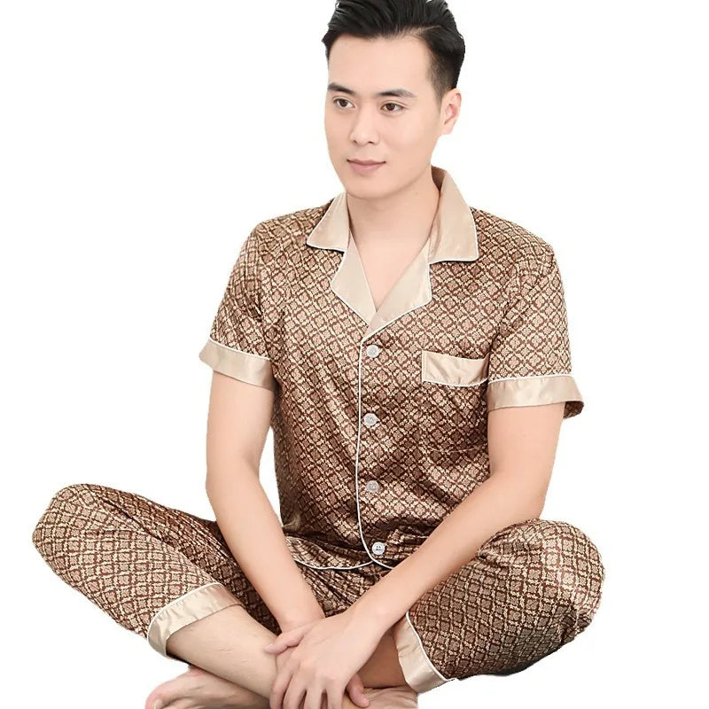 Pajamas Men Spring Summer Thin Ice Silk Luxurious Loose Fitting Home Wear Suit Male Satin Pyjamas Set Night Pajamas Set Men